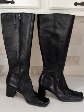 Zara Black Leather Over-the-Knee Block Heel Boots